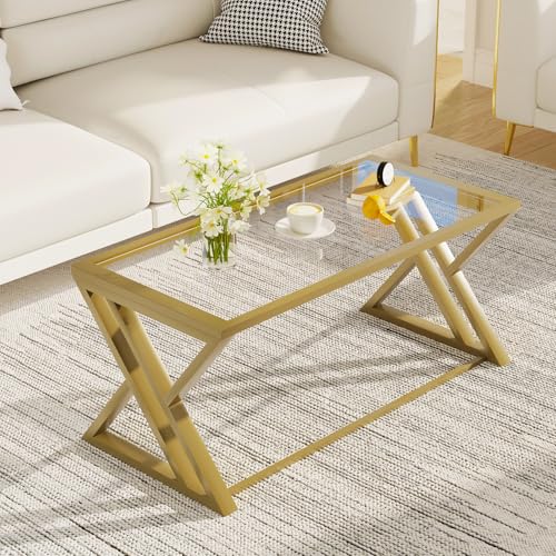 Wolawu Coffee Table Gold Glass Coffee Table for Living Room Modern Rectangular Center Table with Sturdy Metal Frame Tempered Glass Table Tea Tables for Bedroom Home Office