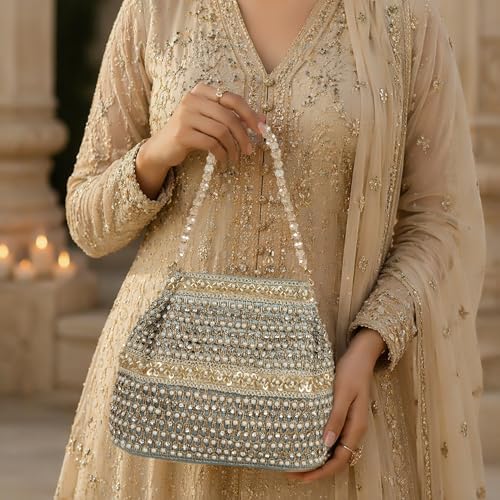 Image of Nevis Silk Fabric Premium Pearl & Crystal Embroidered Potli Bag for Women | Ethnic Bridal Clutch with Golden Handle | Party & Wedding | Potli Bag