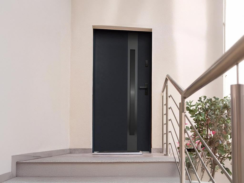 Vente-unique - Puerta de entrada de acero macizo y acero inoxidable Alt. 207 x L100 cm - vidrio ahumado - negro y antracita - apertura izquierda - BRAGA