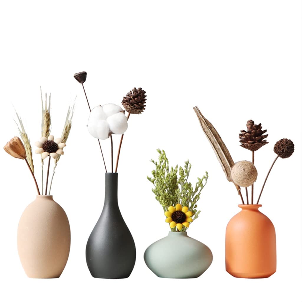 Ceramic vase， Set of 4, Table Vase for Rustic Home Decor(With 4 Bouquet of Flowers)
