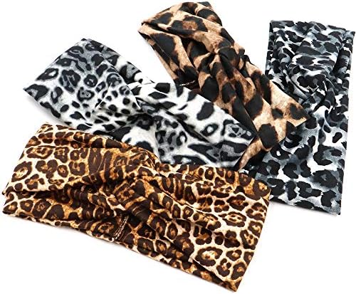 NODG 4 Pieces Knot Headbands for Women Leopard Headbands Knotted Headbands Wide Headbands Turban Hairband Vintage Head wrap Elastic Hair Hoops Fashion Hair Accessories for Women