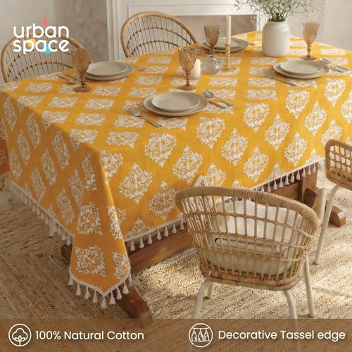 Image of Urban Space 100% Cotton Dining Table Cover 6 Seater, Printed Cotton Table Cloth for Center Table Boho Tassels (6 Seater- 48 inch x 92 inch, Mustard)