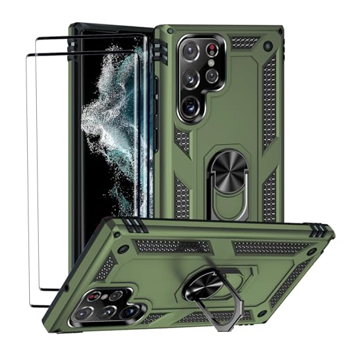 Coque Samsung S22 Ultra militaire verte avec protège-écran et anneau