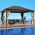 MELLCOM 12'x16' Hardtop Gazebo, Galvanized Steel Metal Double Roof Canopy with Curtains and Netting, Brown Permanent Pavilion Gazebos with Aluminum Frame for Garden, Patio, Lawns, Deck
