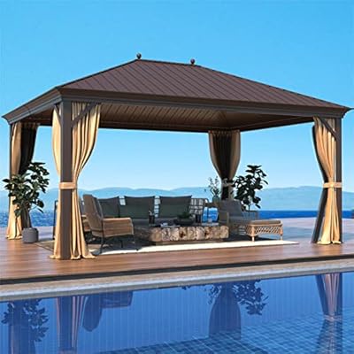 MELLCOM 12'x16' Hardtop Gazebo, Galvanized Steel Metal Double Roof Canopy with Curtains and Netting, Brown Permanent Pavilion Gazebos with Aluminum Frame for Garden, Patio, Lawns, Deck