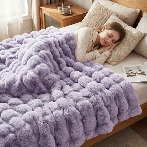 JONIYEAR Soft Fluffy Oversized Bubble Faux Rabbit Fur Throw Blanket 60" x 70", Reversible Solid Thick Warm Fuzzy Blanket for Winter, Luxury Cozy Shaggy Furry Blankets for Bed, Twin Size, Lilac Purple