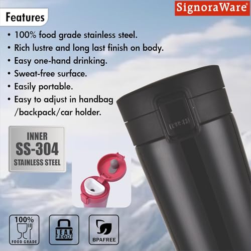 Image of Signoraware Hot Pour Coffeemate Stainless Steel Insulated Mug | 8 Hours Hot & Cold Drinks | Best for Coffee, Tea, Milk & Juices | Giftable | Great for Office, Home & Outdoor use (350ml | Black)