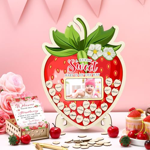 Image of Wenqik 63 Pcs Strawberry Baby Shower Guest Book Alternatives Set Baby Shower Decorations with Photo Frame Sonogram Frame Keepsake 60 Wood Slices Guest Book for Birthday