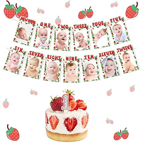 Strawberry 1st Birthday Girl Decorations, 1st Birthday Decorations Girl, Sweet One Berry First Birthday Photo Banner, From Newborn To 12 Month Photo Banner, Monthly Milestone Photo Banner Cover