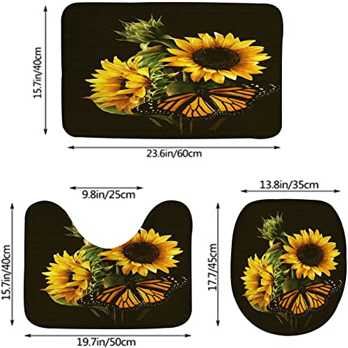 Badezimmerteppich-Set, 3-teilig, Sonnenblumen- und Schmetterlingsfoto, waschbare Badeteppiche, rutschfest, mit Rückenpolster, Konturteppich und Toilettendeckelbezug – Bild 3