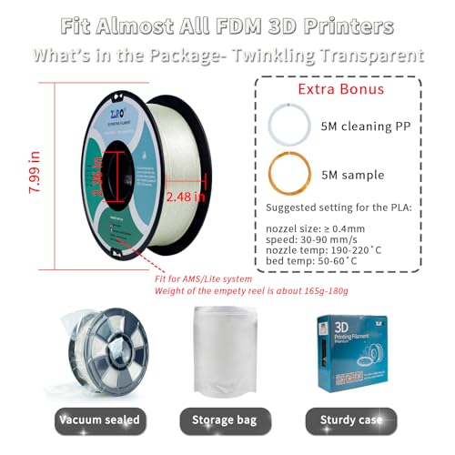 Image of ZIRO Glitter PLA Filament 1.75mm, 3D Printer Filament Shiny Sparkle pla with Glitter, Twinkle Series 1.75 1kg /2.2lbs Translucent Spool, Fit Most FDM 3D Printers, Twinkling Transparent