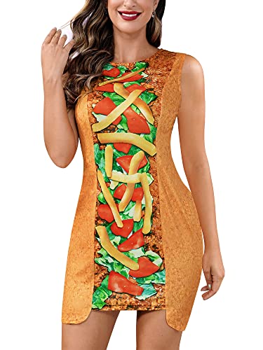 ALIREVERIE Womens Halloween Sleeveless Mini Taco Food Dress Funny Graphic Party Bodycon Costume Brown L