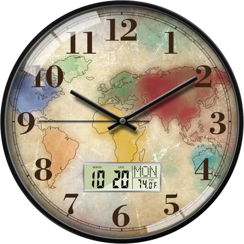 Image of 14'' World Map Wall Clock, Analog Clock with Digital Display | Silent Non-Ticking, Battery Operated, Shows Date Day & Temperature, Decorative for Living Room, Bedroom, Kitchen, Office