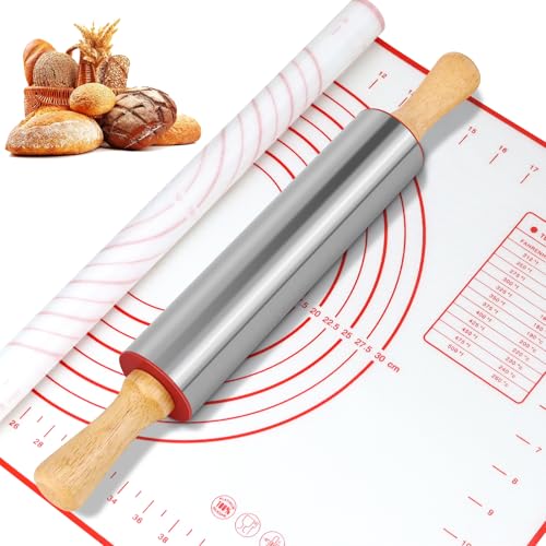 Rouleau à Pâtisserie BOCHION en Acier Inoxydable avec Poignées Bois+Tapis de Cuisson en Silicone avec Marquage de Mesure, Rouleaux à Pâtisserie Parfait...