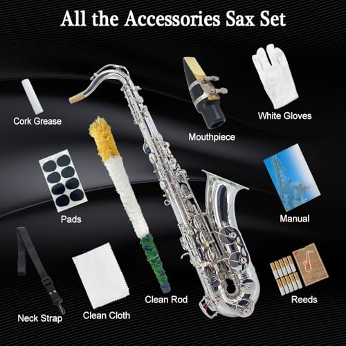 Image of Tenor Saxophone B flat, Silver Lacquer with Carrying Case,Mouthpiece,Reeds,Cleaning Kit,Tenor Sax for Beginners, Students and Musicians