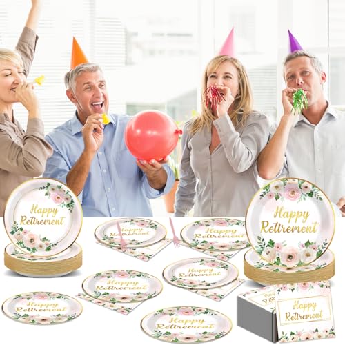 Image of 96Pcs Flower Retirement Party Decorations for Women White Peony Happy Retirement Plates Tableware Pink Gold Floral Retirement Dinnerware Napkin for Goodbye Going Away Farewell Party Supplies 24 Guests