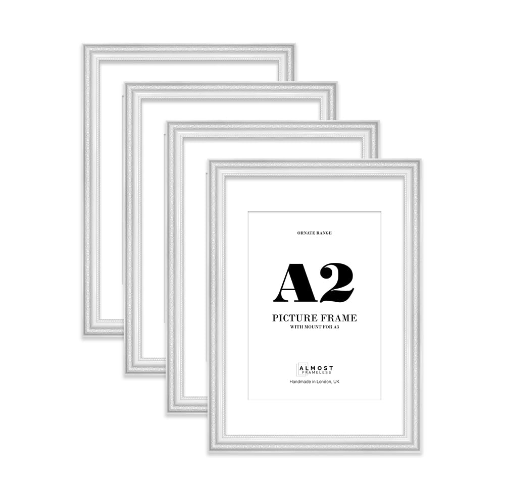 White Ornate Picture Frame A2 With A3 Mount for Photos - Wall Display, Landscape or Portrait, 4 Pack