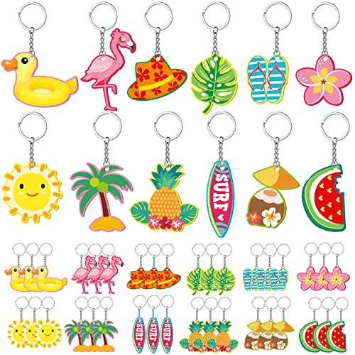 Janmercy 36 Pieces Hawaiian Luau Party Favors Summer Flamingo Pineapple Beach Keychain Tropical Hawaiian Key Ring for Kids Summer Theme Luau Key Ring Party Favor Supplies, 12 Styles (Lovely)