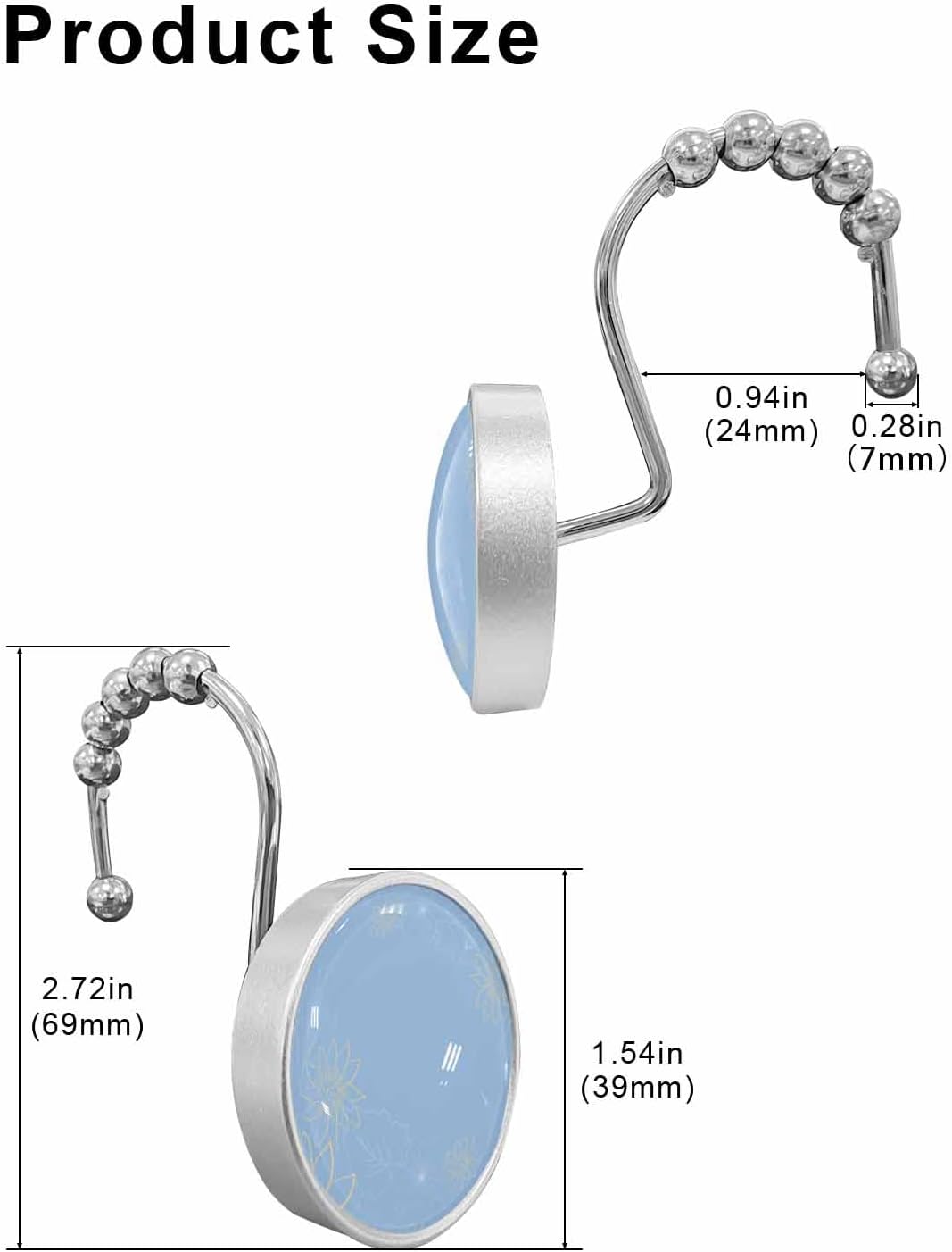 Shower Curtain Hooks 12 Pcs, Minimalist Lines Leaves Flowers Blue Stainless Steel Rust Proof Rolling Shower Curtain Rings, Decorative Shower Curtain Hooks Hangers for Bathroom