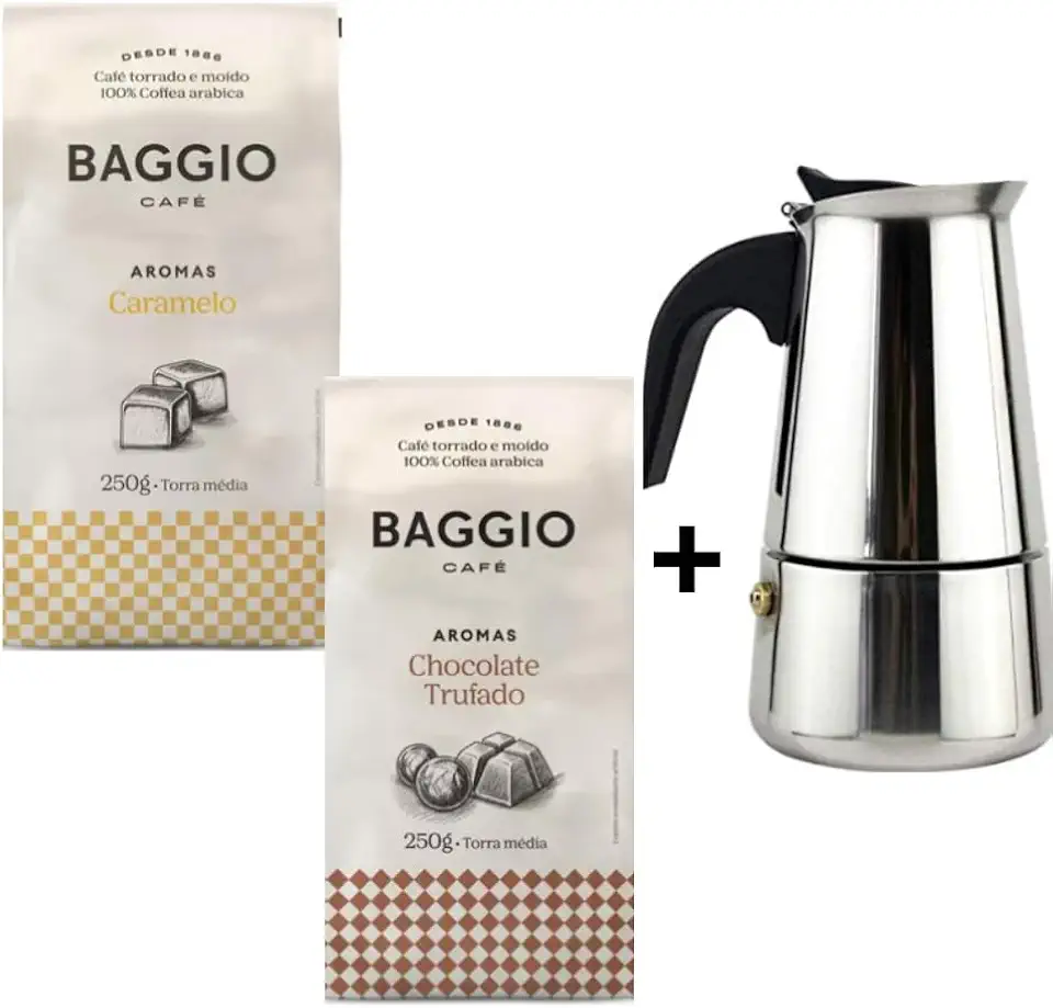 Kit Café Baggio 2 Pacotes Aromas Caramelo e Chocolate Trufado 250g cada + 01 Cafeteira Italiana Inox 6 Xícaras