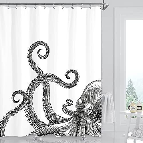 Image of Miyotaa Octopus Kraken Shower Curtain Set 60Wx71H Inches Nautical Ocean Tentacles Sea Creatures Mythical Black White Polyester Waterproof Bathroom Curtain with 12 Hooks