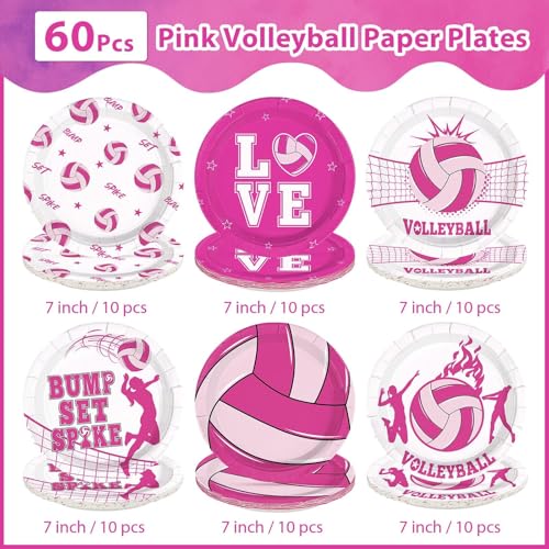 Image of 60Pcs Volleyball Plates 7 inch Pink Volleyball Sports Paper Plates | Volleyball Birthday Disposable Plates Sports Themed Dessert Plates for Girls Women Birthday Holiday Party Decorations