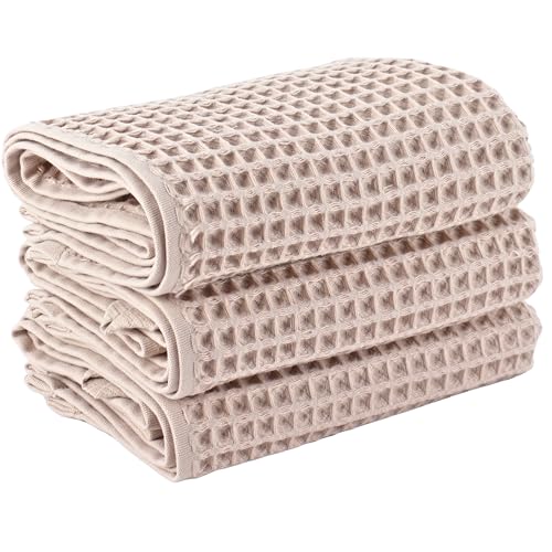 PÜSKÜL Natural 100% Turkish Cotton Waffle Kitchen Towels Set of 3 | Oeko-Tex, Premium Waffle Hand Towels for Bathroom | Soft Absorbent Quick-Dry Lint-Free Dish Towel Large 32x16 inch (3, Beige)