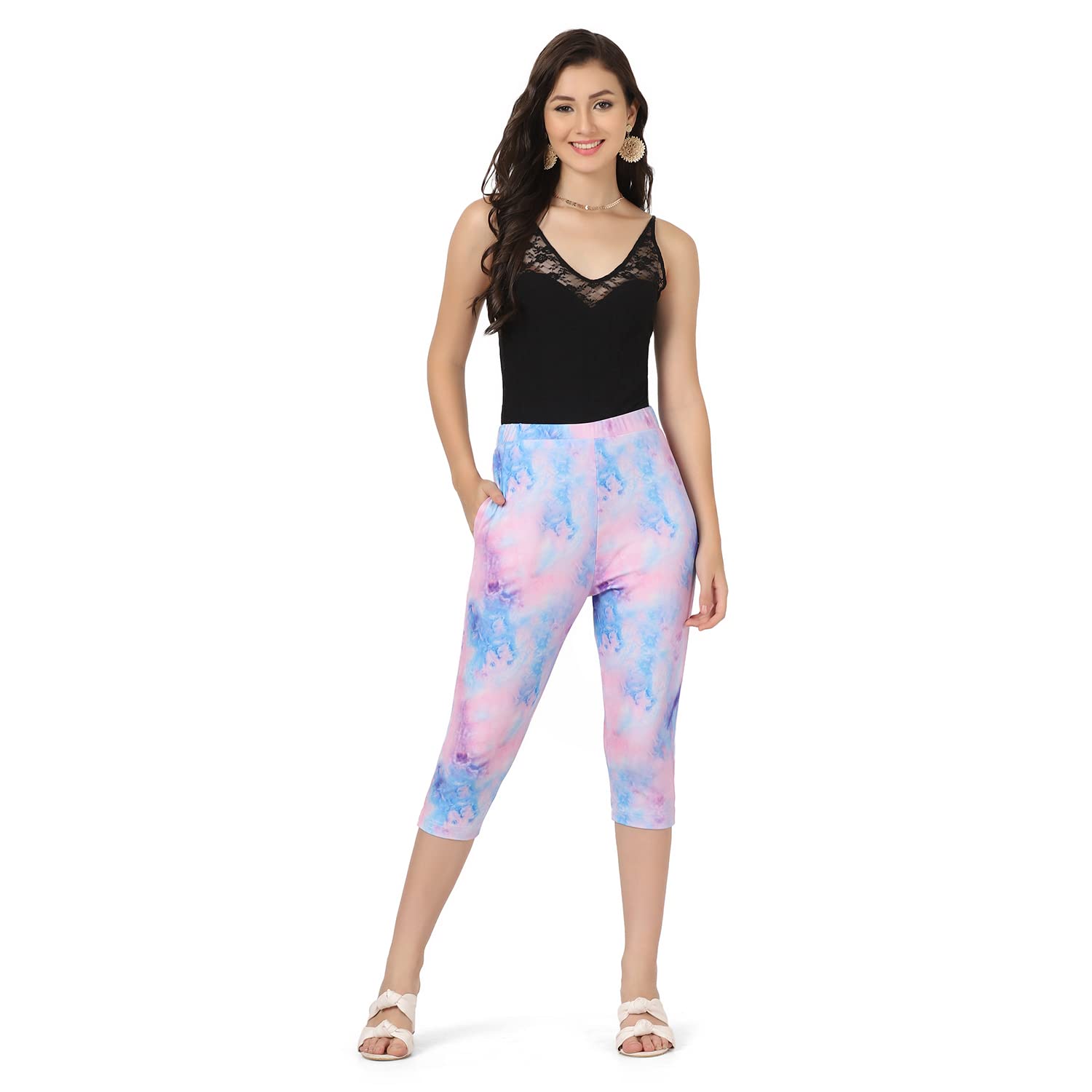 Leriya Fashion Damskie legginsy do łydki do łydki Capri przycięte legginsy bawełna lycra slim fit 3/4 | spodnie