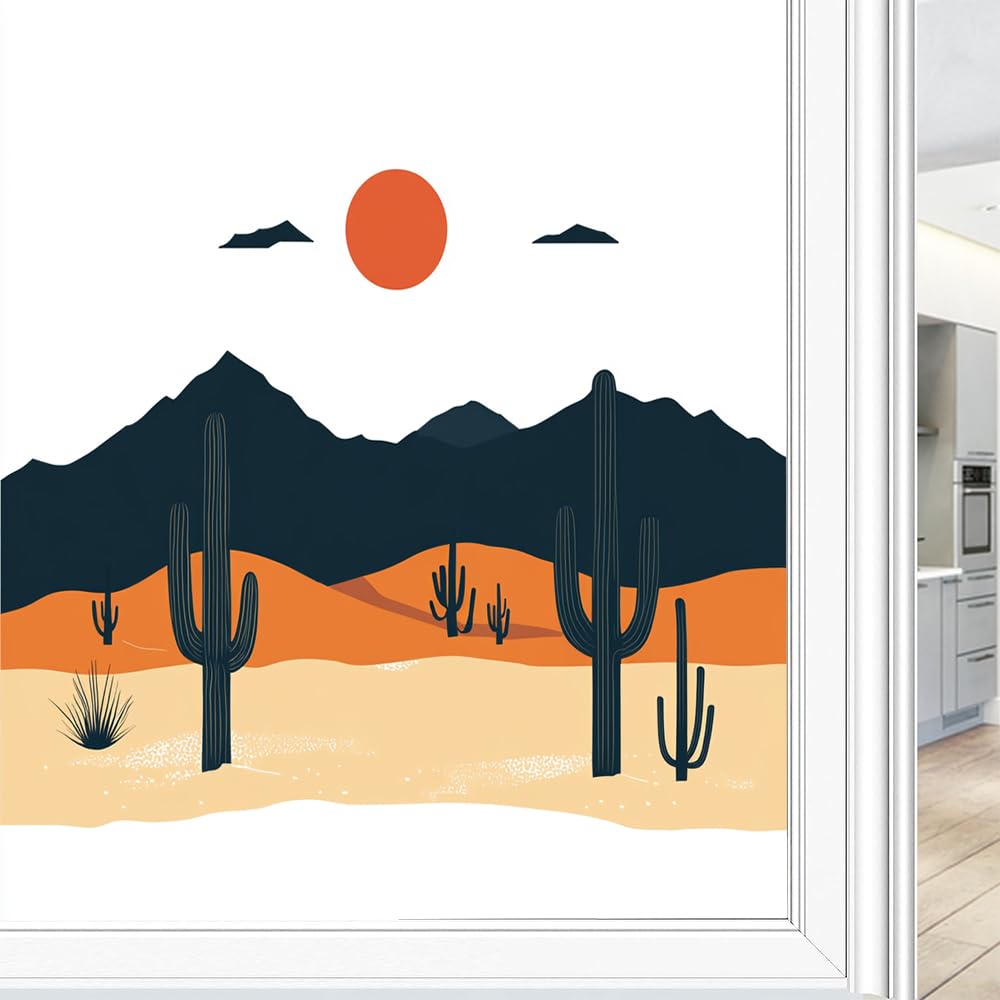 Abstract Sun Cactus Window Privacy Film, Colorful Retro Sunset Mountain Frosted Stained Glass Window Film Decorative Static Cling for Glass for Home 45x60 cm