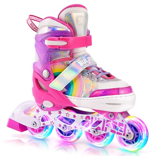 SULIFEEL Rainbow Unicorn Verstellbare Schwarz Rollschuhe für Kinder mit Leuchtenden Rädern für...