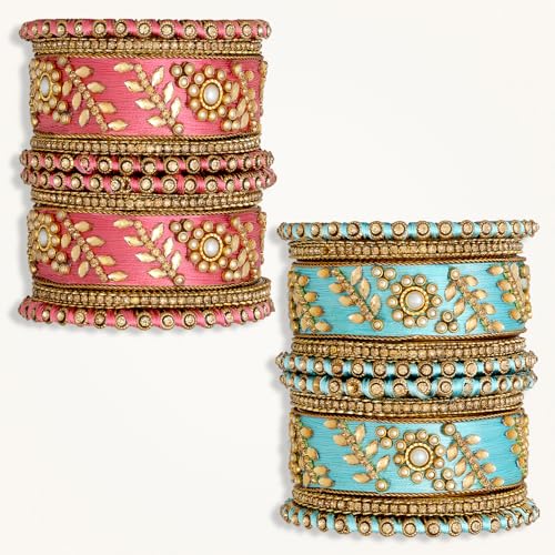 Image of Peora Silk Thread Kundan & Stone Studded Chuda Bangles Set Gift for Women