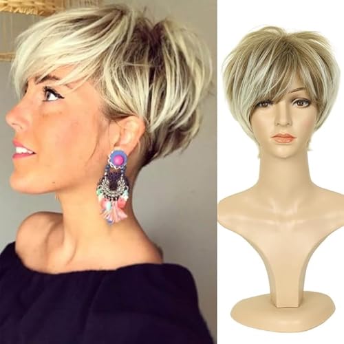QUEENTAS Peluca rubia corta Pixie Cut Capas Pelucas de Cabello Corto para Mujeres Pelo Sintético con Flequillo Pelucas para Mujer Reino Unido (Marrón Mezclado Rubio)