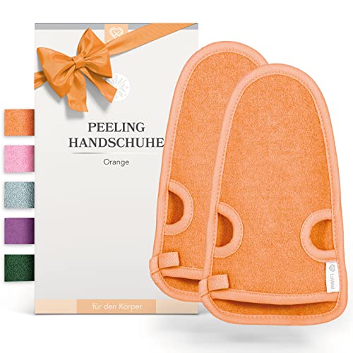 LoWell® 2 Stück Peelinghandschuh Körper, Hamam Handschuh Peeling für Körper und Gesicht, Handschuh Peeling, Exfoliating Gloves, Body Scrub, Bonus Peeling Guide und 2 Saugnäpfe, Orange