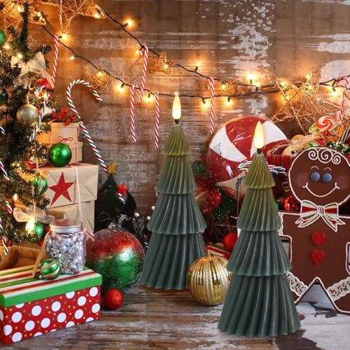Image of Wondise Christmas Tree Flameless Candles with 6hrs Timer, Real Wax Battery Operated 3D Wick LED Candles Flameless Flickering Candles for Christmas Holiday Decor (2 pcs 3 inch x 7.1 inch)