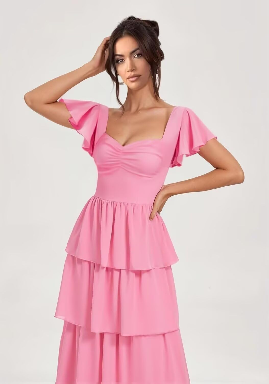 Kurzarm Chiffon Abendkleider Elegant für Hochzeit,Gestufte A-Linie Brautjungfernkleider Lang für Damen Maxi Beach Festliche Kleider für Hochzeitsgäste