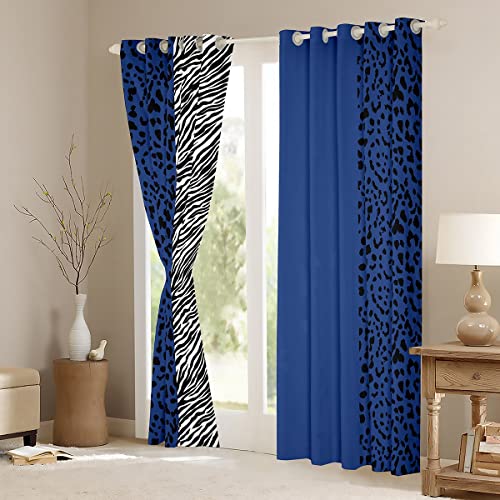 Navy Blue Leopard Curtains Zebra Cheetah Print Window Curtains Stripes Patchwork Blackout Curtains For Kids Girls Women Safari Animal Skin Print Window Treatments Living Room Decor 2 Panels 38W"X54L" #TOP3