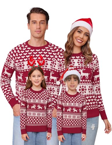 Image of Totatuit Family Matching Christmas Sweater Round Neck Reindeer Snowflakes Ugly Knitted Sweater Pullover for Men Women