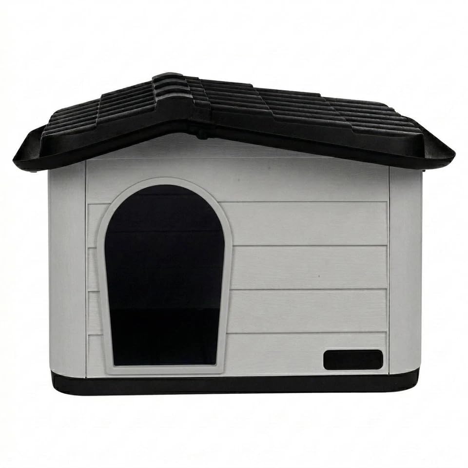 URBNLIVING Plastic Dog House for Small Medium Dogs, Durable Indoor Outdoor Pet Kennel Shelter, Easy Wipe Clean Surface, Air Ventilation Portable, Weather-Resistant, 2 Sizes (Stone Grey, 60x51x41)