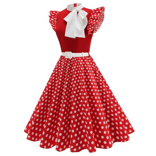 ODIZLI Damenkleid im Stil der 1950er Jahre, Retro-Kleid, Flatterärmel, Schleife, Gürtel, Swing-Midi-Kleid, Teeparty, Cocktailkleid, rote punkte,...
