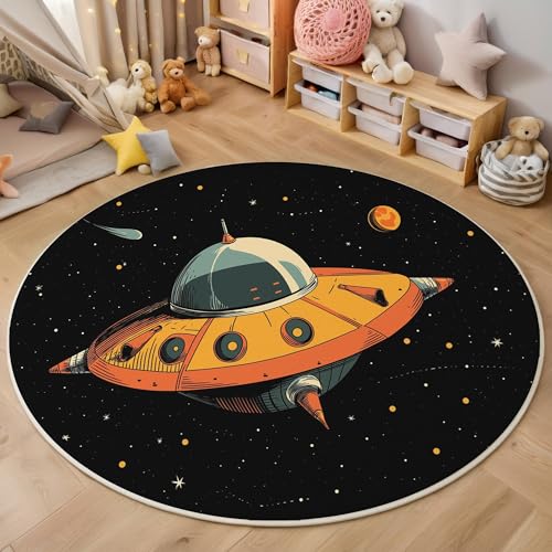 Tapis de zone ronde vaisseau spatial orange lavable et doux