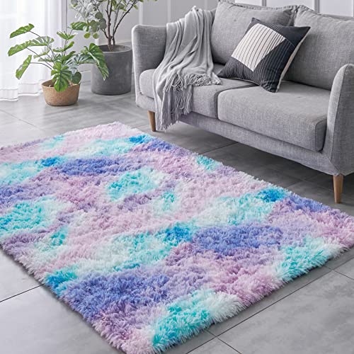 Image of TABAYON Luxury Shag Area Rug, 3x5 Feet Tie-Dyed Light Purple Rectangle Plush Fuzzy Rugs, Non-Slip Shaggy Furry Carpets for Kids Room Bedroom