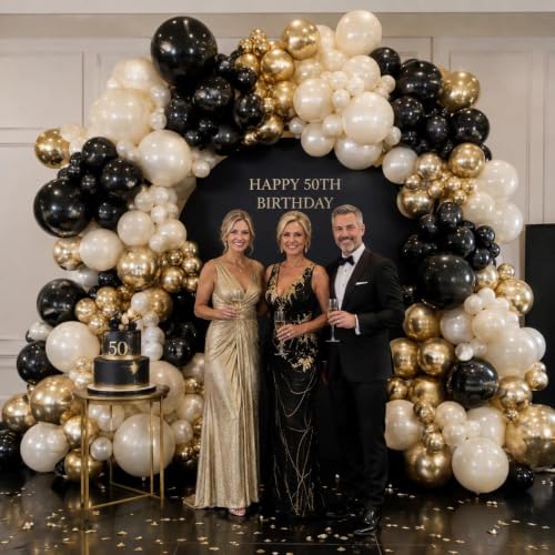 Image of Black White Gold Balloon Garland Double Stuffed, Pearl Sand Champagne Gold Balloons Cream Beige Balloon Arch Kit for Halloween Birthday Wedding Anniversary Graduation New Year Party Decorations