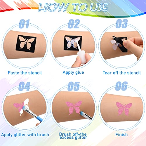 Temporary Glitter Tattoos Kit Stunning Fake Tattoo Kit With 26 Large Glitter Colors, 6 Fluorescent Colors, 134 Stencils And 2 Glue, Perfect Birthday Party Christmas Festival Gifts For Girls Teenage Woman #TOP2