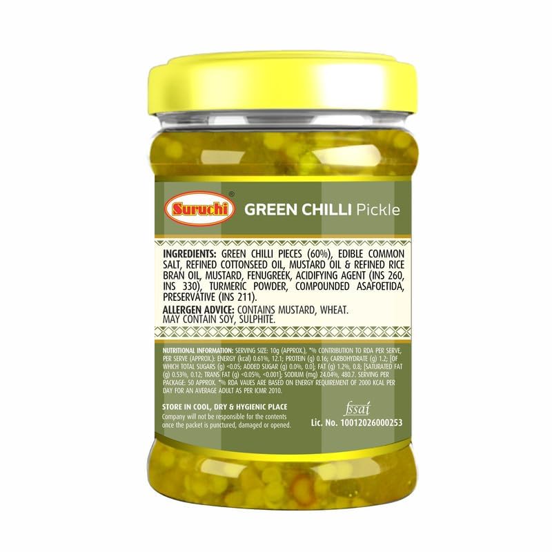 Image of Suruchi Green Chilli Pickle - 200g | Hari Mirchi Ka Achar | Ready to Eat Green Chilli Pickle | Authentic Indian Achar | Pure & Natural Ingredients | Hygienically Packed (Pack of 1)