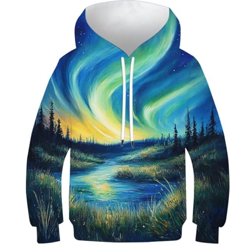 Hoodie 3D enfants aurores boréales pull manches longues avec poches pour ado