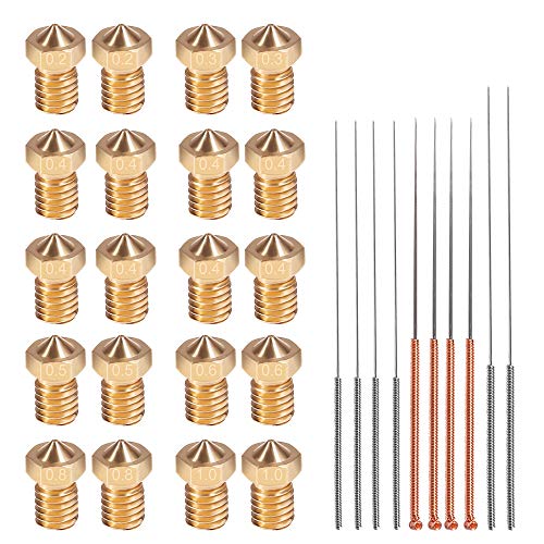 3D Printer M6 Nozzles with Cleaning Needles Kit, V6 V5 Brass Exruder Nozzle Print Head 1.75mm Filament for E3D Makerbot, Assorted Sizes 8pcs 0.4mm Nozzles + 2pcs (0.2 0.3 0.5 0.6 0.8 1.0mm) Nozzles