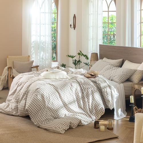 Image of MooMee Gingham Duvet Cover Set 100% Washed Cotton Linen Like King | Relaxed Linen-like Texture. Soft, Breathable & Long-lasting Comfort. Lightweight. Hidden Zipper with 8 Interior Corner Ties