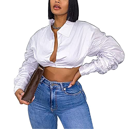 Azhong Women's Collared Puff Long Sleeve Deep V Neck Button Crop Top Blouse Shirt