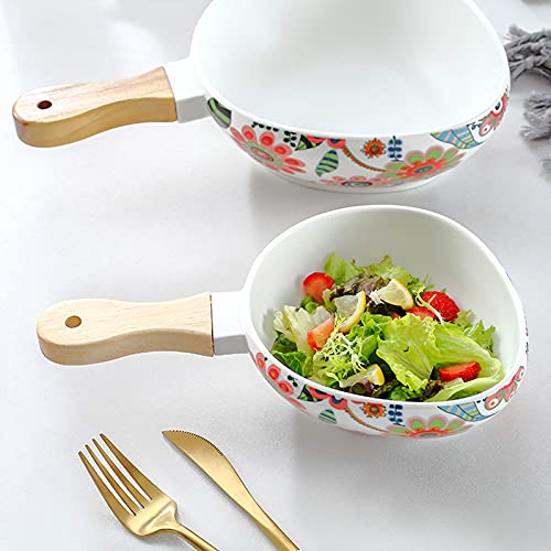 Lucck Soup Bowl With Handle 20 Ounce Unique Flowers Pattern Porcelain Onion Soup Bowl With Wooden Handle For Soup Salad Chili Beef Stew #TOP3
