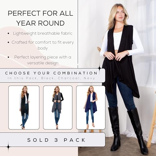 Image of Azules Sleeveless Cardigan for Women, Soft Lightweight Duster Open Front Sleeveless Long Cardigan Vest (3 Pack)